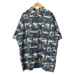 ヴィンテージ アロハシャツ 総柄 ボタンダウン 半袖 XL ブルー