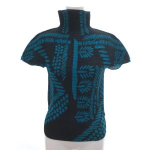 プリーツ カットソー Tシャツ 半袖 ハイネック 総柄 ボタニカル柄 黒 ブラック 青 ブルー GY18