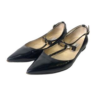 パンプス エナメル パテントレザー フラットシューズ リボン Tストラップ 39 1/2 ブラック GY06