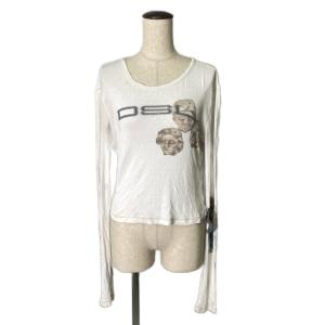 リブカットソー Tシャツ プリント クルーネック 長袖 S ホワイト