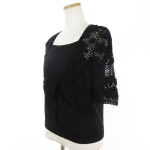 Leilian フェイクアンサンブル ニット カーディガン 五分袖 透かし編み フラワーモチーフ ビーズ 黒 ブラック 9 M相当