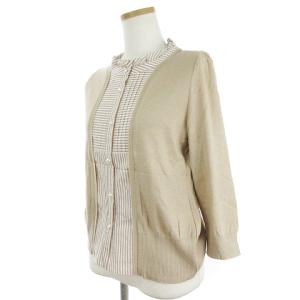 Leilian レイヤード風 カーディガン ブラウス 七分袖 切替 ボーダー シルク混 ベージュ系 9