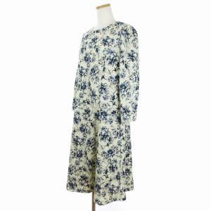 Leilian ワンピース ひざ丈 フレア 七分袖 花柄 アイボリー ブルー系 11 L相当