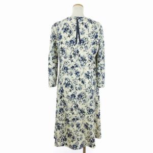 Leilian ワンピース ひざ丈 フレア 七分袖 花柄 アイボリー ブルー系 11 L相当