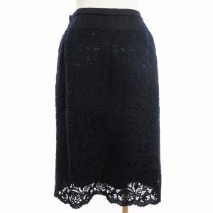 Leilian フラワー レース スカート セミフレア ひざ丈 刺繍 紺 ネイビー 11 L相当