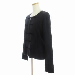 Leilian ニット ジャケット ノーカラー ジップアップ リボン チェック 紺 ネイビー 11 L相当