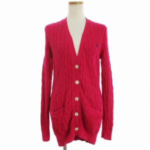 POLO RALPH LAUREN ロング カーディガン ケーブルニット 長袖 Vネック ワンポイント 刺繍 ピンク M