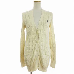 ロング カーディガン ケーブルニット 長袖 Vネック ワンポイント 刺繍 アイボリー系 M