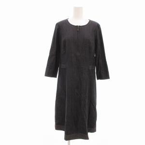 ワンピース デニム フロントジップ ステッチ 長袖 ロング 濃紺 ネイビー系