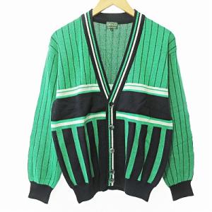 美品 カーディガン ニット 長袖 ストライプ ウール 緑 黒 M 1228 EC