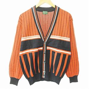 美品 カーディガン ニット 長袖 ストライプ ウール オレンジ 黒 M 1228