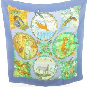カレ90 Les Quatre Saisons 四季 動物 スカーフ ストール ショール 青 ブルー系