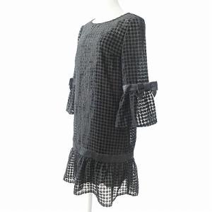 M'S GRACY 美品 ワンピース 7分袖 膝丈 シアー シフォン ドット柄 フロッキープリント フリル ラメ 黒 38 0130