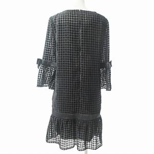 M'S GRACY 美品 ワンピース 7分袖 膝丈 シアー シフォン ドット柄 フロッキープリント フリル ラメ 黒 38 0130