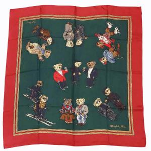 ヴィンテージ 90s ポロベア BEAR GRAPHIC 大判スカーフ ストール シルク グリーン 0215