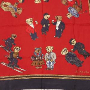 RALPH LAUREN ヴィンテージ 90s ポロベア BEAR GRAPHIC 大判スカーフ ストール ブラック レッド 0215