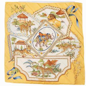 大判スカーフ ストール エレファント レオパード ライオン 総柄 アニマル 東洋 イエロー 0303