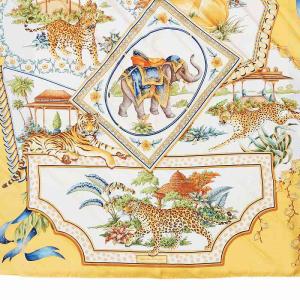 Salvatore Ferragamo 大判スカーフ ストール エレファント レオパード ライオン 総柄 アニマル 東洋 イエロー 0303