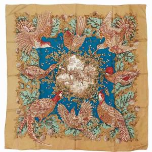 大判スカーフ ストール  バード ハンティング 総柄 マルチカラー ブルー ブラウン系 0303