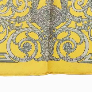 HERMES ガヴロッシュ プチカレ45 LES TUILERIES チュイルリー公園 スカーフ ポケットチーフ 総柄 シルク イエロー