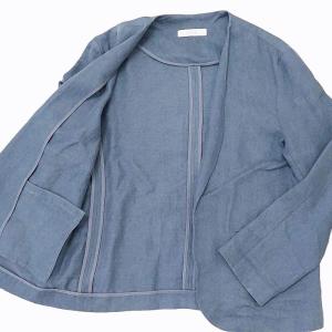 SEYA. ノーカラーテーラードジャケット カラーレス ボタンレス 麻 リネン ブルー M 0401