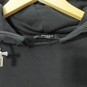 BALMAIN プルオーバー 立体ロゴ パーカー スウェット フーディ ショート丈 黒 S 0416