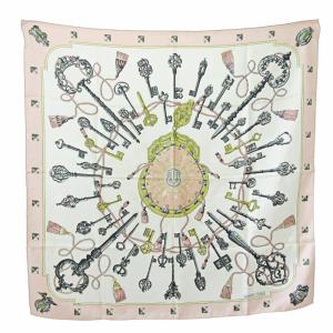 カレ90 シルク スカーフ LES CLES 鍵柄 ピンク 白 0418