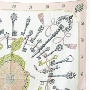 HERMES カレ90 シルク スカーフ LES CLES 鍵柄 ピンク 白 0418