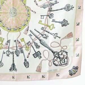 HERMES カレ90 シルク スカーフ LES CLES 鍵柄 ピンク 白 0418