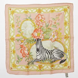 美品 ポケットチーフ シルク スカーフ アニマル シマウマ ゼブラ 鳥 ピンク 0529