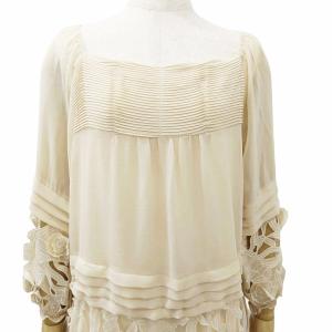 MARC JACOBS 美品 シルク ワンピース ドレス プルオーバー カットワーク レース 花柄 プリーツ 長袖 ひざ丈 ベージュ 6 約M 0627