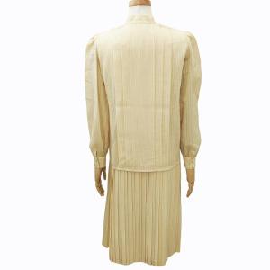 Christian Dior ヴィンテージ セットアップ 上下 シャツ ブラウス プリーツスカート ストライプ ラメ ウール 長袖 ロング 金色 クリーム色