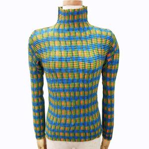 美品 プリーツ カットソー ブラウス ハイネック 長袖 緑 グリーン オレンジ 青 ブルー M 0721