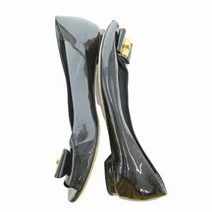 GUCCI バンブー パテント エナメル リボン フラット パンプス シューズ オープントゥ 37 24cm ブラック 黒