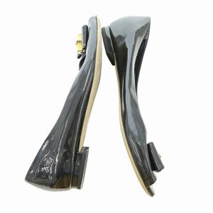 GUCCI バンブー パテント エナメル リボン フラット パンプス シューズ オープントゥ 37 24cm ブラック 黒