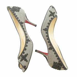 Christian Louboutin 美品 オープントゥ パンプス ウールブレード ピンヒール 37 24cm グレー系