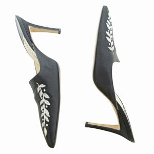 MANOLO BLAHNIK 美品 サテン ミュール サンダル ポインテッドトゥ ピンヒール ボタニカル柄 刺繍 36.5 23.5cm ブラック 黒