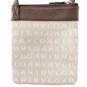 BVLGARI  ロゴマニア ショルダーバッグ ポーチ ポシェット 斜め掛け キャンバス レザー ベージュ 茶 ブラウン 0919