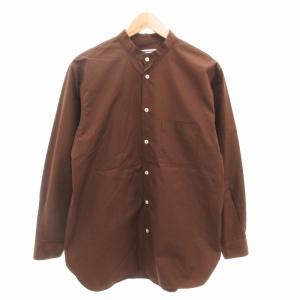 近年 バンドカラーシャツ カジュアル ノーカラー サイドスリット 長袖 茶 ブラウン M 1128
