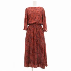 GRACE CONTINENTAL 美品 キャットプリーツワンピース ロング ミモレ 総柄 猫柄 36 S 茶 ブラウン