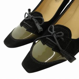 TOD'S エナメルパンプス シューズ スエード切替 リボン ヒール 37 24.0cm カーキ 黒 ブラック