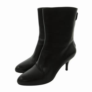 美品 ショートブーツ シューズ レザー ヒール バックジップ 7 24.0cm 黒 ブラック