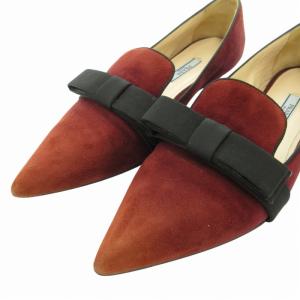 PRADA オペラシューズ ローファー ポインテッドトゥ スエード リボン 37 24.0cm 赤 ボルドー
