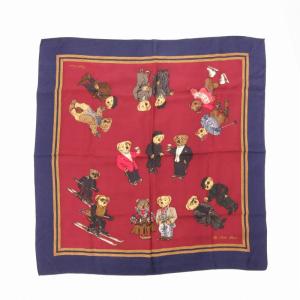 美品 ポロベア シルクスカーフ ストール ロゴ 赤 レッド 紺 ネイビー
