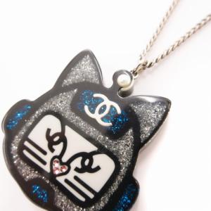 CHANEL 猫ネックレス 17S ココマーク チェーン グリッター キャットロボット グレー ブルー