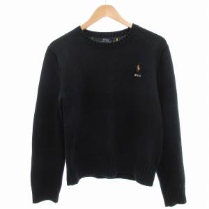 ニット セーター ポニー刺繍 切替 リブ 長袖 L 黒 ブラック