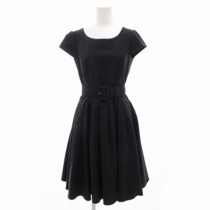 ワンピース ギャザー タック フレア フレンチスリーブ 半袖 ひざ丈 38 M 紺 ネイビー