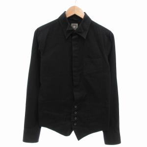 ドッキングシャツ ベスト カジュアル 比翼ボタン ロゴ 刺繍 長袖 M 黒 ブラック