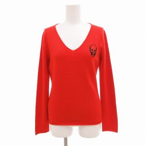 ニット セーター Vネック カシミヤ100％ スカル 刺繍 ビジュー 長袖 M 赤 レッド