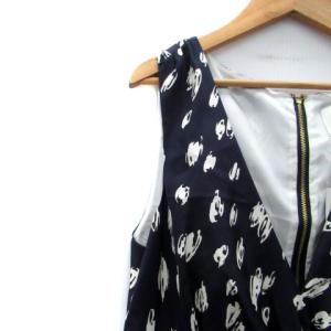 kate spade new york ワンピース Vネック ノースリーブ ミモレ丈 総柄 シルク 8 L 紺 ネイビー オフホワイト /HO17